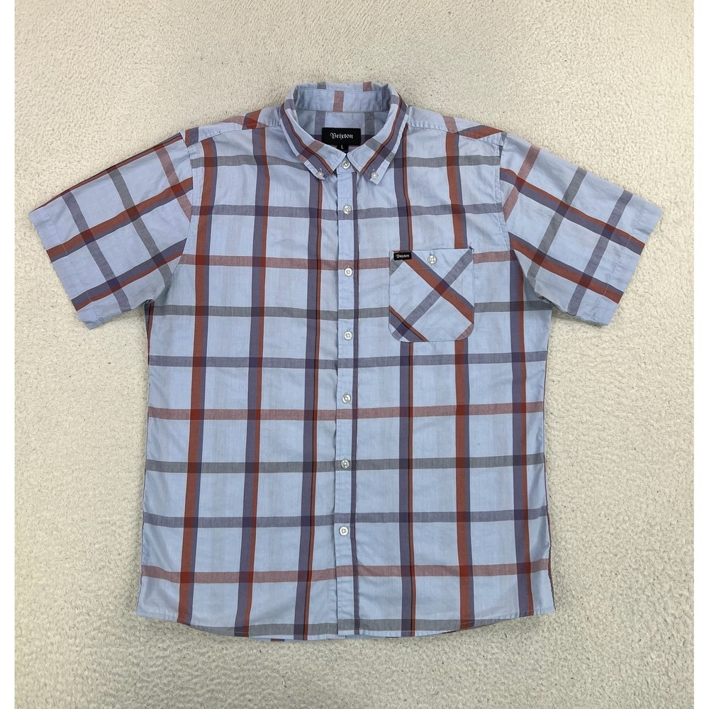 Brixton Shirt Mens Large Blue Plaid Short Sleeve Button Up Cotton Woven Casual